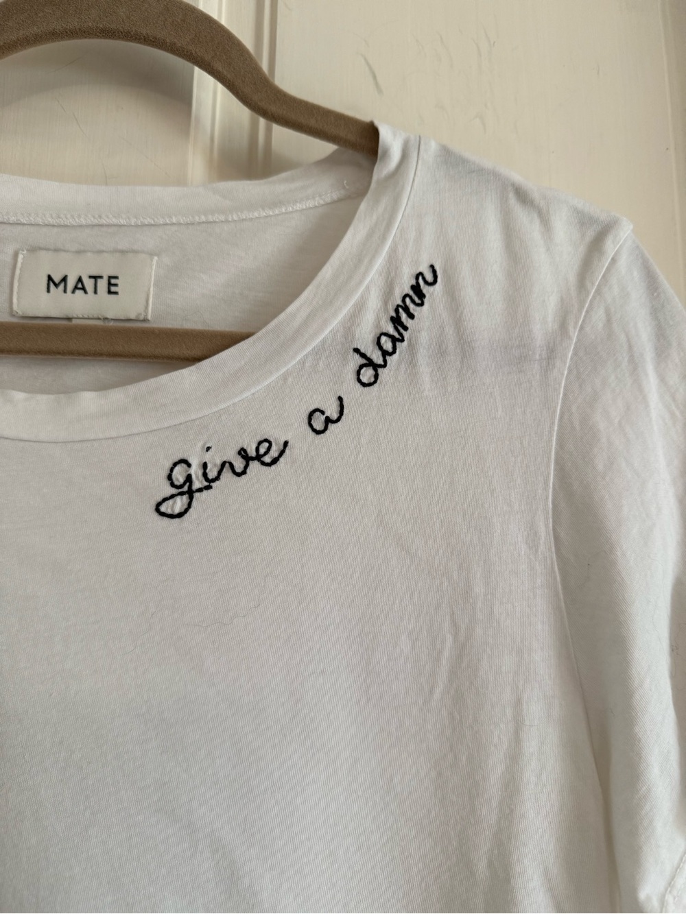 MATE the Label White Short Sleeve Tee with Black Script "Give a Damn"